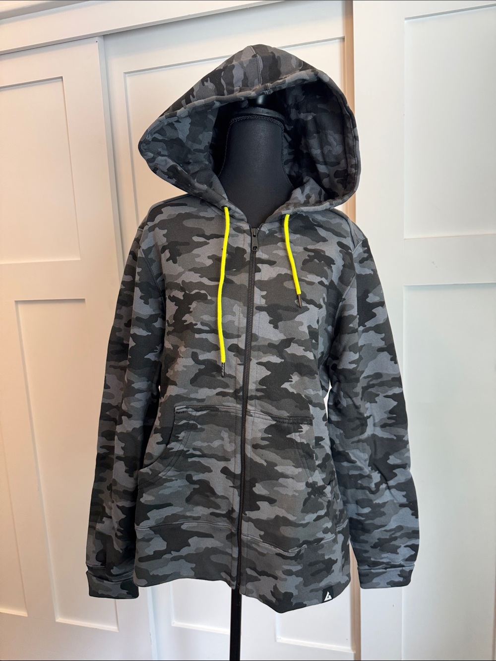 American Giant Gray Camo Zip Hoodie with Neon Yellow Drawstrings